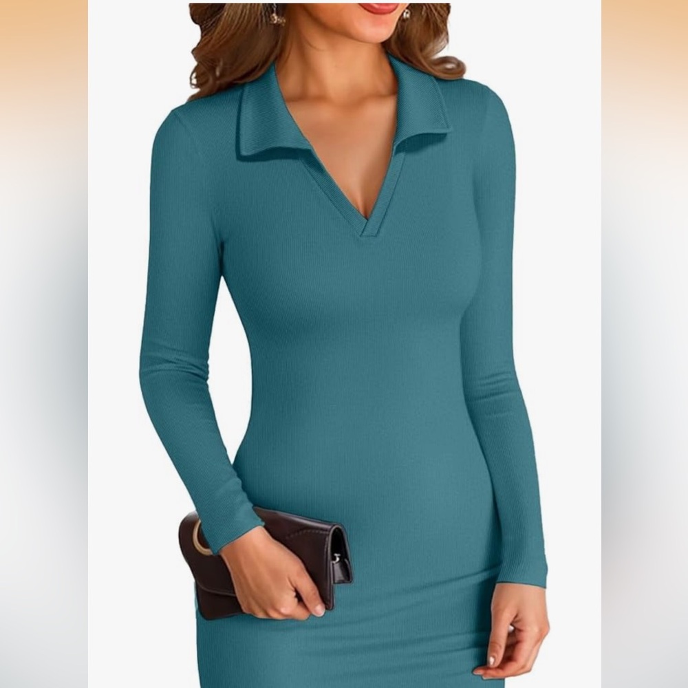 Elegant Teal Long Sleeve V-Neck bodycon confortable dress
